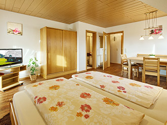 Wohn- und Schlafzimmer mit Doppelbett und Essecke